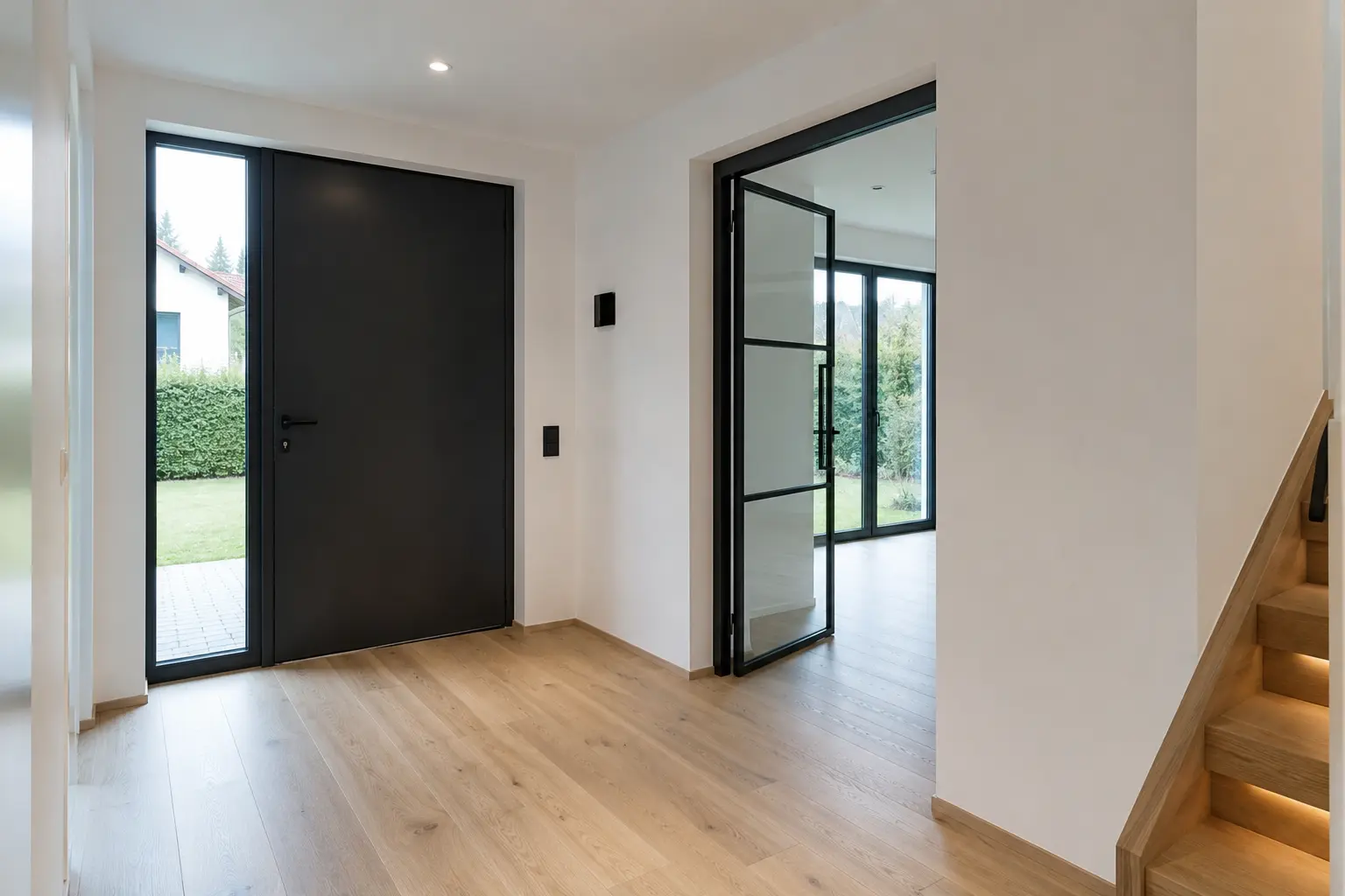 Eingangsbereich mit Glastür und Treppe in einem Wohnhaus