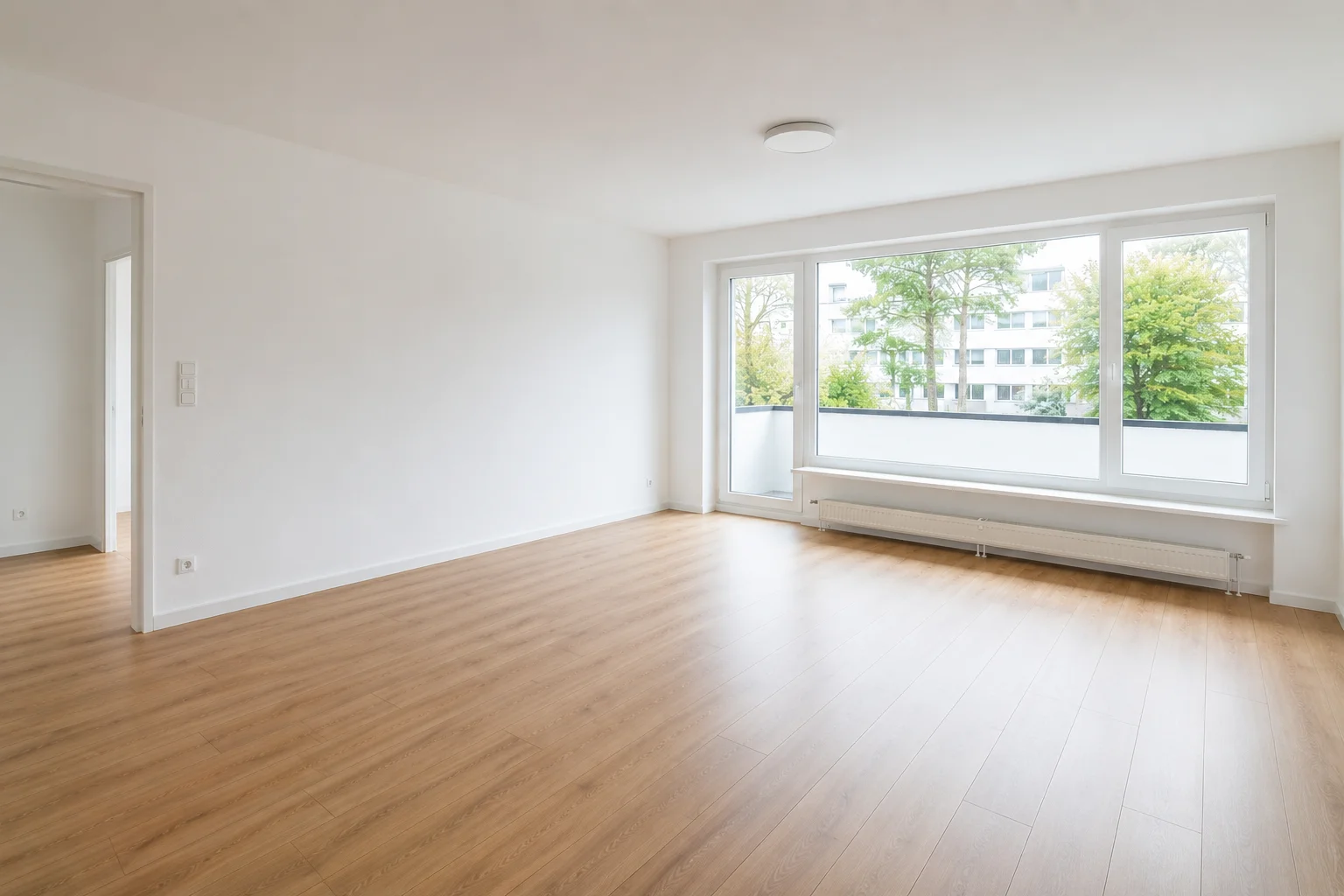 Renoviertes Wohnzimmer mit Balkonzugang in einer vermieteten Wohnung
